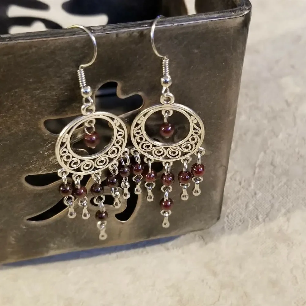 Handcrafted Natural Red Garnet Gemstone Antique Silver Chandelier Earrings